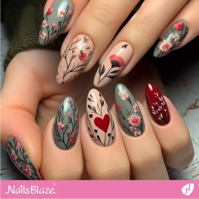 Various Flowers with Heart Accent Nail Design | Valentine Nails - NB2436